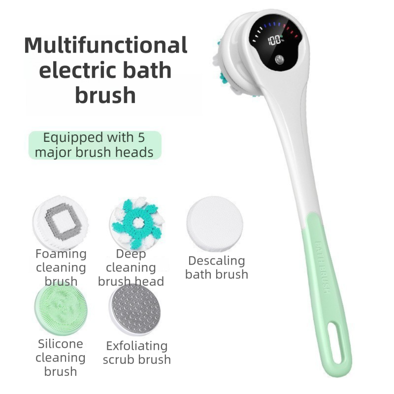 Green Electric 360°Rotating Shower Brush with Long Handle for Back Scrubbing(43CM) - IPX7 Waterproof & Premium Silicone & PA Bristles