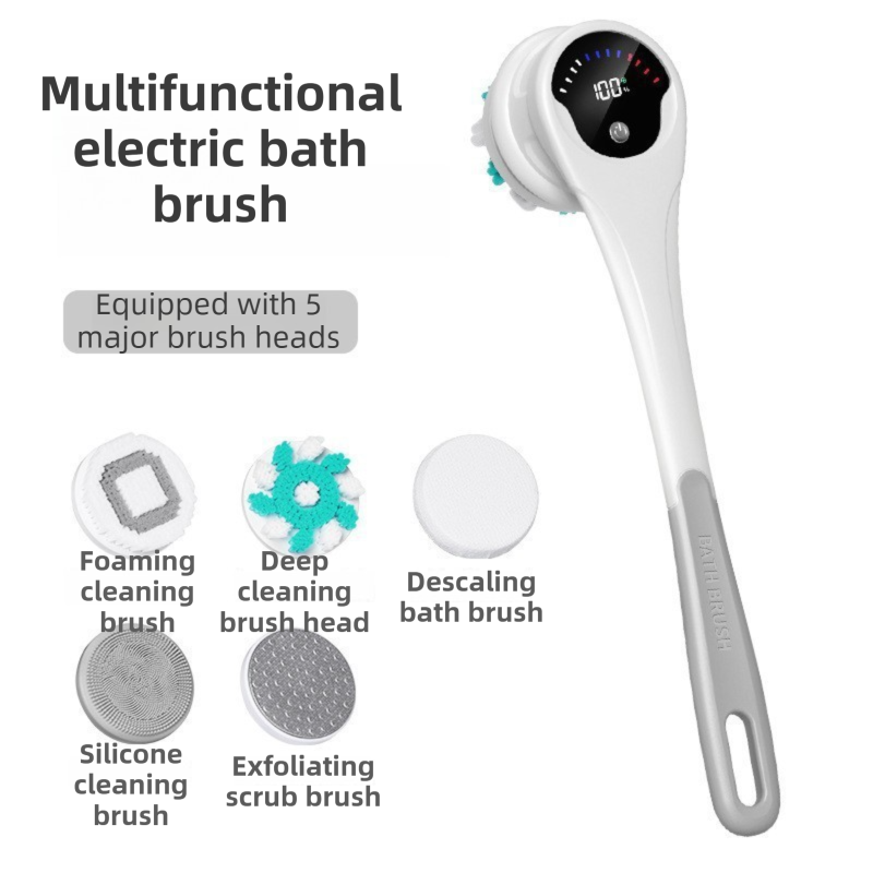 Grey Electric 360°Rotating Shower Brush with Long Handle for Back Scrubbing(43CM) - IPX7 Waterproof & Premium Silicone & PA Bristles