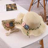 Beige Girls Summer Princess Straw Straw Hat and Matching Purse Set - Breathable Floral Wide Brim Sun Protection Sun Hat