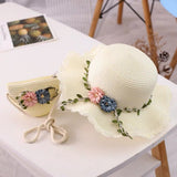 White Girls Summer Princess Straw Straw Hat and Matching Purse Set - Breathable Floral Wide Brim Sun Protection Sun Hat