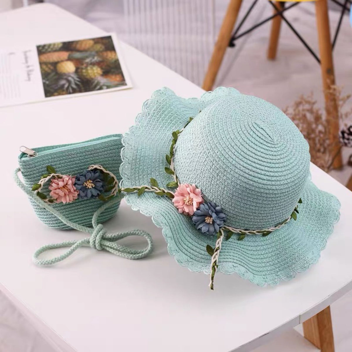 Green Girls Summer Princess Straw Straw Hat and Matching Purse Set - Breathable Floral Wide Brim Sun Protection Sun Hat