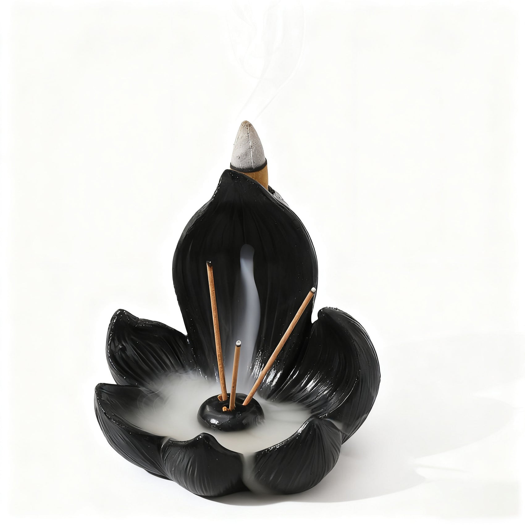 Black Zen Lotus Waterfall Backflow Aroma Diffuser - Premium Elegant Resin Craft for Meditation & Yoga, 10cm Compact Design