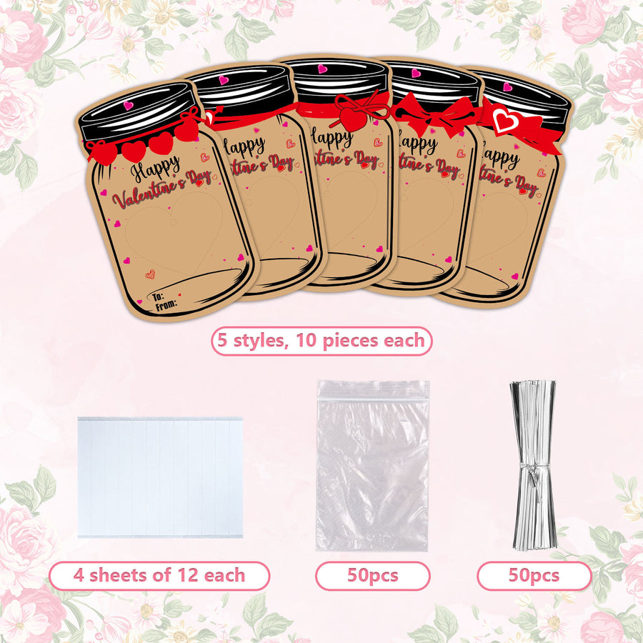 50PCS Valentine's Day Drift Bottle Shaped Gift Card Set - Premium Coated Paper Greeting Card for Family / School Exchanges and Party Favors