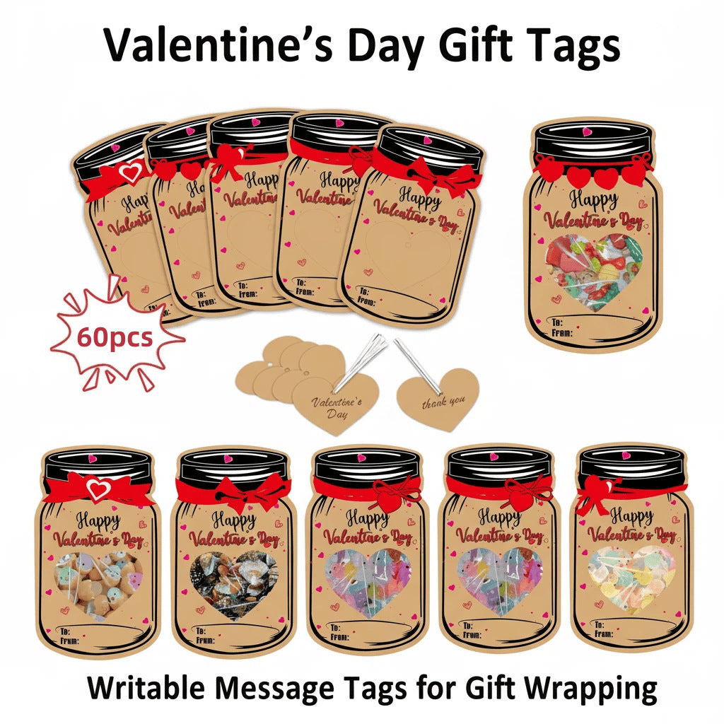 60PCS Valentine's Day Drift Bottle Shaped Gift Card Set - Premium Coated Paper Greeting Card for Family / School Exchanges and Party Favors