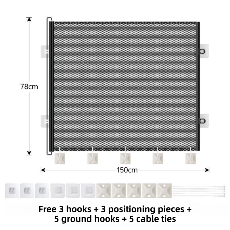 78X150CM Black Retractable Mesh Safety Gate for Pets & Babies - Scratch-Resistant Indoor/Outdoor Security Barrier, No-Drill Installation
