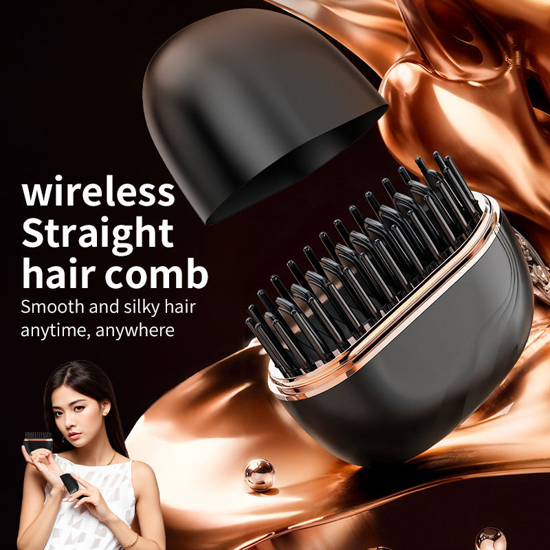 Black Cordless Portable Hair Straightening & Curling Brush - Plant Protein Coating for Hair Protection, 30s Fast Heating & Dual Anti-Scald