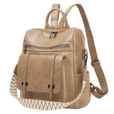 Khaki Retro Soft PU Leather Backpack for Women - Water-Resistant Large Capacity Travel Rucksack with Dual Detachable Straps