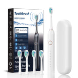White Smart Sonic Electric Toothbrush Kit with 4 Heads & Travel Case - 6 X Cleaning Modes and High-Frequency Vibration with Soft Protective Bristles
