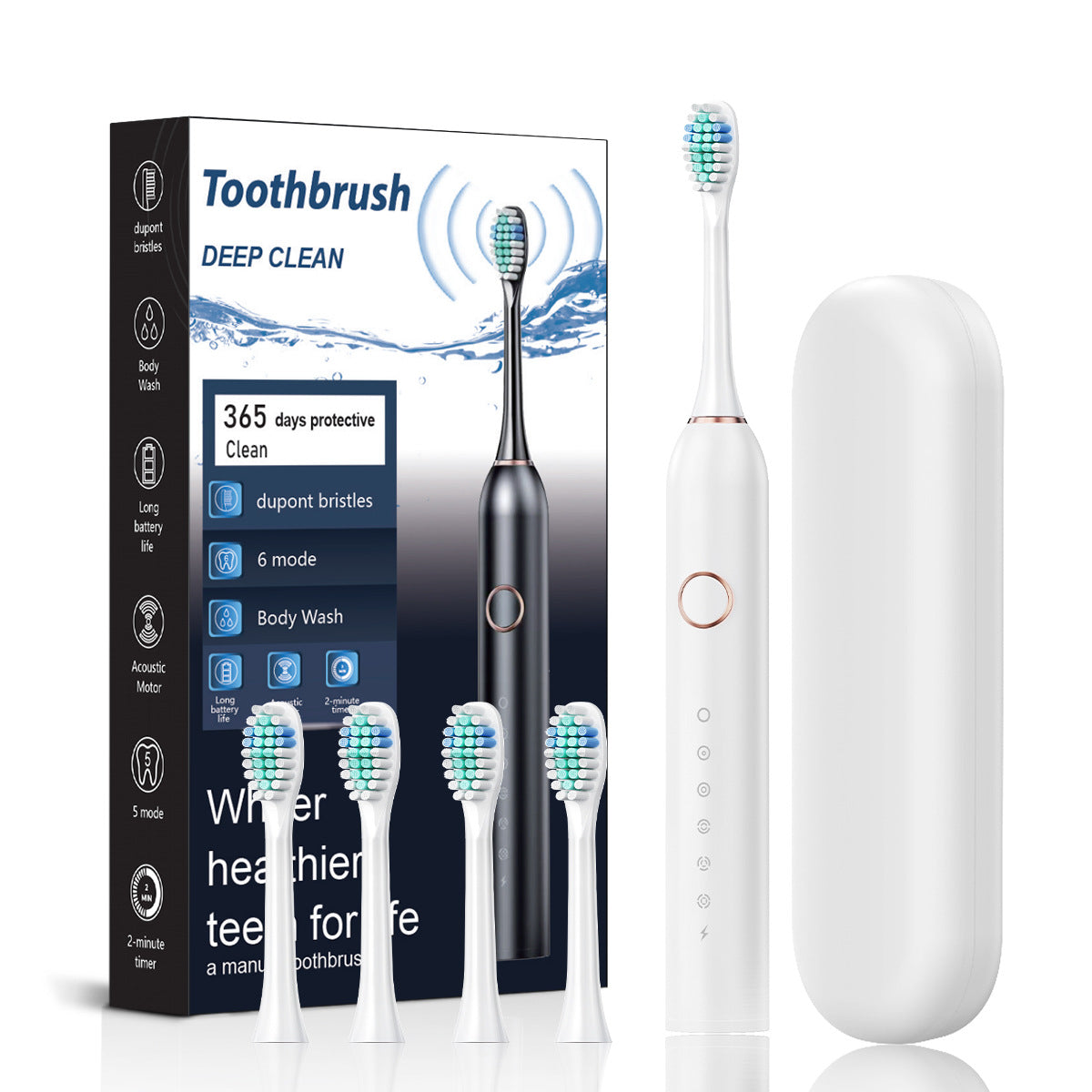 White Smart Sonic Electric Toothbrush Kit with 4 Heads & Travel Case - 6 X Cleaning Modes and High-Frequency Vibration with Soft Protective Bristles