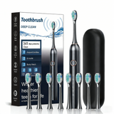 Black Smart Sonic Electric Toothbrush Kit with 8 Heads & Travel Case - 6 X Cleaning Modes and High-Frequency Vibration with Soft Protective Bristles