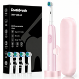 Pink Rotating Round Head Electric Toothbrush Kit with 4 Heads, Case & Stand - 3D Oscillating Mechanical Cleaning for Deep Plaque Removal