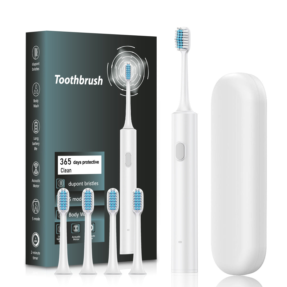 White Sonic Electric Toothbrush Kit with 5 Cleaning Modes, 4 Heads & Travel Case - Smart Timer & Quad-Pacer, Soft Double-Arc Bristles and 120-Day Long Battery Life