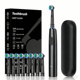 Black Rotating Round Head Electric Toothbrush Kit with 8 Heads & Case - 3D Oscillating Mechanical Cleaning for Deep Plaque Removal