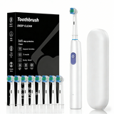 White Rotating Round Head Electric Toothbrush Kit with 8 Heads & Case - 3D Oscillating Mechanical Cleaning for Deep Plaque Removal