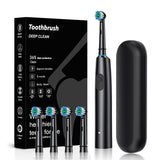 Black Rotating Round Head Electric Toothbrush Kit with 4 Heads & Case - 3D Oscillating Mechanical Cleaning for Deep Plaque Removal
