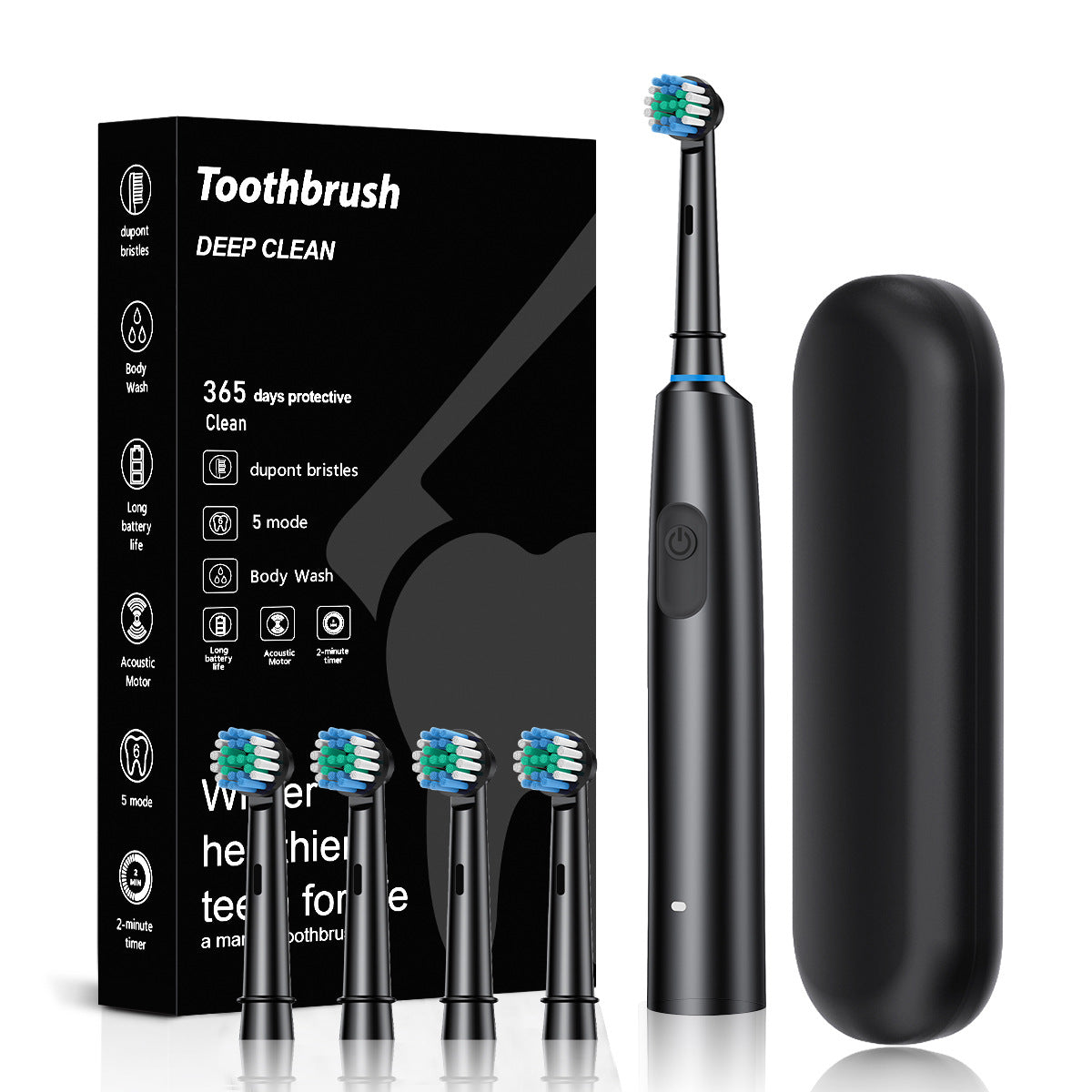 Black Rotating Round Head Electric Toothbrush Kit with 4 Heads & Case - 3D Oscillating Mechanical Cleaning for Deep Plaque Removal
