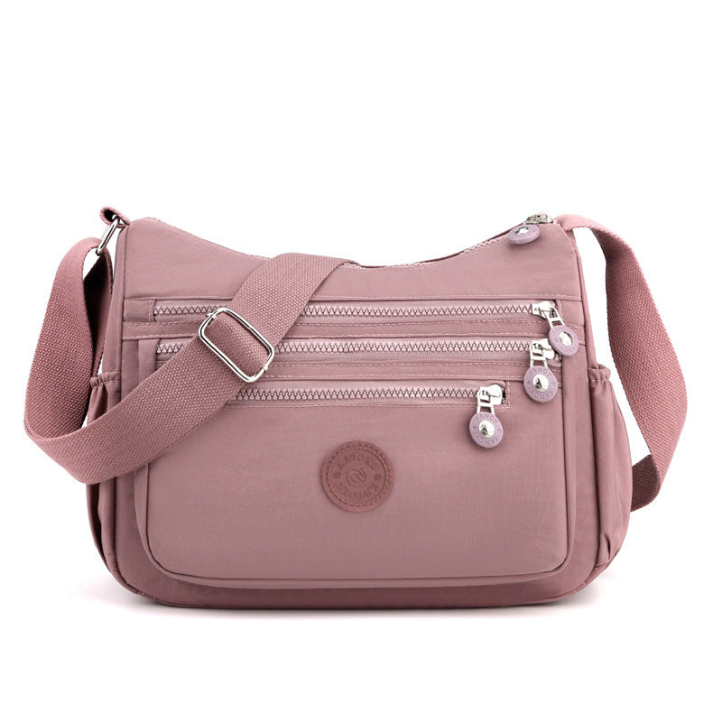 Pink Versatile Nylon Multi-Pocket Crossbody Bag - Lightweight Casual Travel Purse, Waterproof Horizontal Square Design