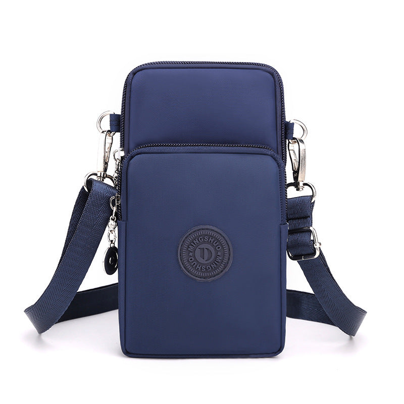 Dark Blue 3-Layer Waterproof Nylon Vertical Crossbody Phone Bag -  Lightweight Phone Purse with Headphone Jack & Adjustable Strap