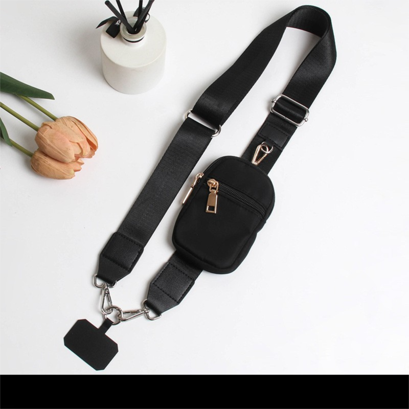 Black Versatile Crossbody Phone Lanyard with Detachable Mini Pouch - Twill Webbing  Wristlet & Neck Strap