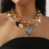 European and American Statement Exaggerated Heart & Floral Rhinestone Necklace - Adjustable Retro Chunky Clavicle Chain (Gold)
