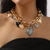 European and American Statement Exaggerated Heart & Floral Rhinestone Necklace - Adjustable Retro Chunky Clavicle Chain (Gold)