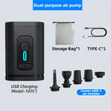 Black Wireless Rechargeable Vacuum Pump with 5 Versatile Nozzles - 2-in-1 Compact High-Suction Inflator & Deflator for Travel & Home