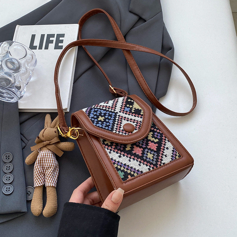 Black Boho-Chic PU Leather Crossbody Phone Purse with Cute Rabbit Pendant - Stylish Multi-Functional Compact Square Bag