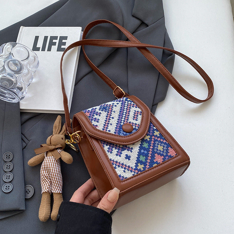 Blue Boho-Chic PU Leather Crossbody Phone Purse with Cute Rabbit Pendant - Stylish Multi-Functional Compact Square Bag