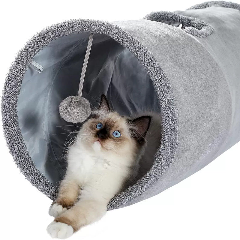 30X130CM Grey Durable Suede Foldable Cat Tunnel - Interactive Multi-Sensory Play Tube with Crinkle Paper & Plush Interior, plush ball and Steel Frame