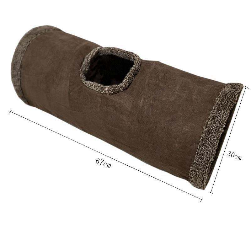 30X67CM Brown Durable Suede Foldable Cat Tunnel - Interactive Multi-Sensory Play Tube with Crinkle Paper & Plush Interior, plush ball and Steel Frame