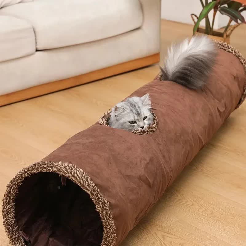 30X130CM Brown Durable Suede Foldable Cat Tunnel - Interactive Multi-Sensory Play Tube with Crinkle Paper & Plush Interior, plush ball and Steel Frame