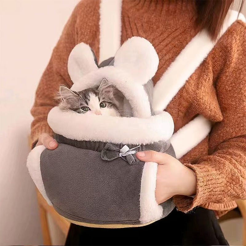 Grey 2-in-1 Ultra-Soft Plush Pet Carrier & Mobile Bed - Portable & Lightweight Cute Rabbit Ear Design Travel Cabin (XL 38 x 25 x 30CM)