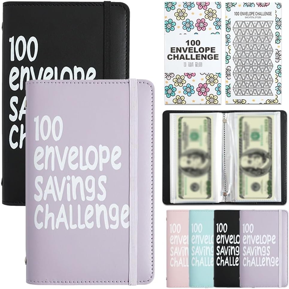 Two-Player 100 Days Envelope Savings Challenge with 50 Clear Double-Sided Pages - Portable A6 Size for Budgeting & Financial Goals (Purple + Black)