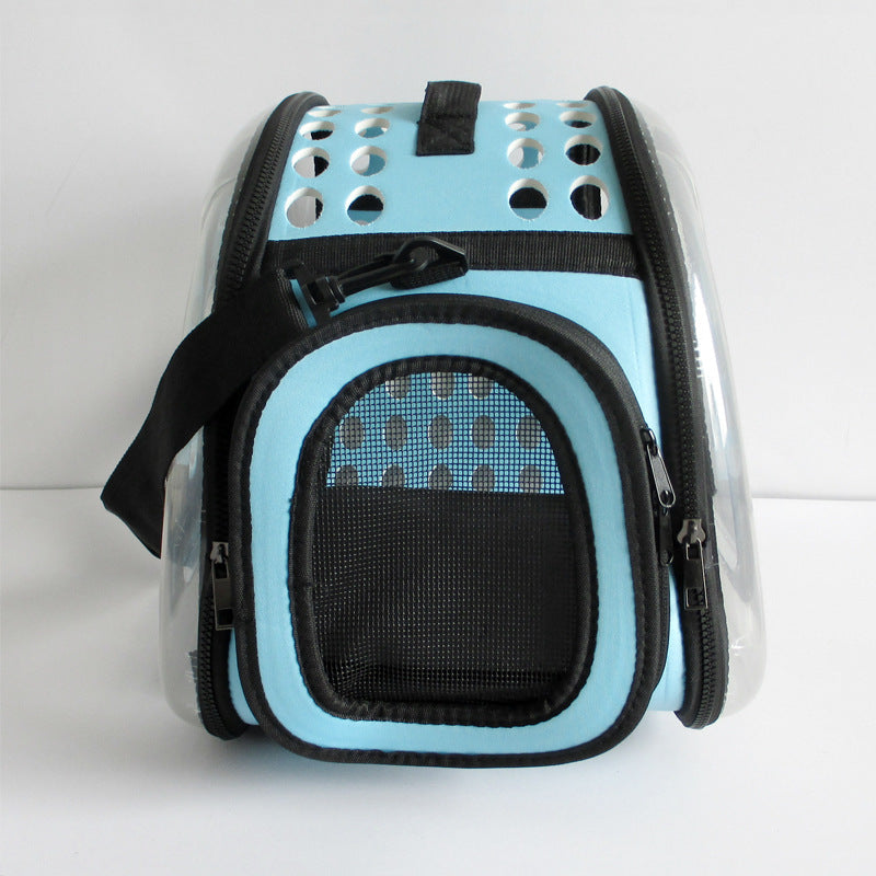 Blue Foldable Breathable Pet Carrier with Panoramic Window & Strap - EVA &  Lychee Leather Crossbody Travel Bag (L 42 x 33 x 28.5CM)