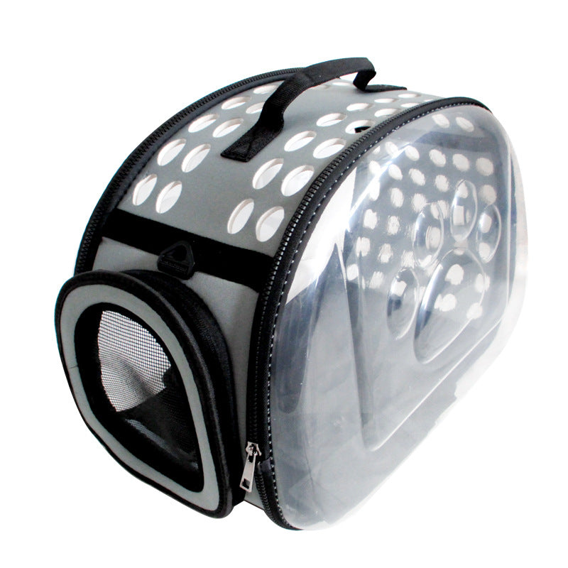 Grey Foldable Breathable Pet Carrier with Panoramic Window & Strap - EVA &  Lychee Leather Crossbody Travel Bag (L 42 x 33 x 28.5CM)