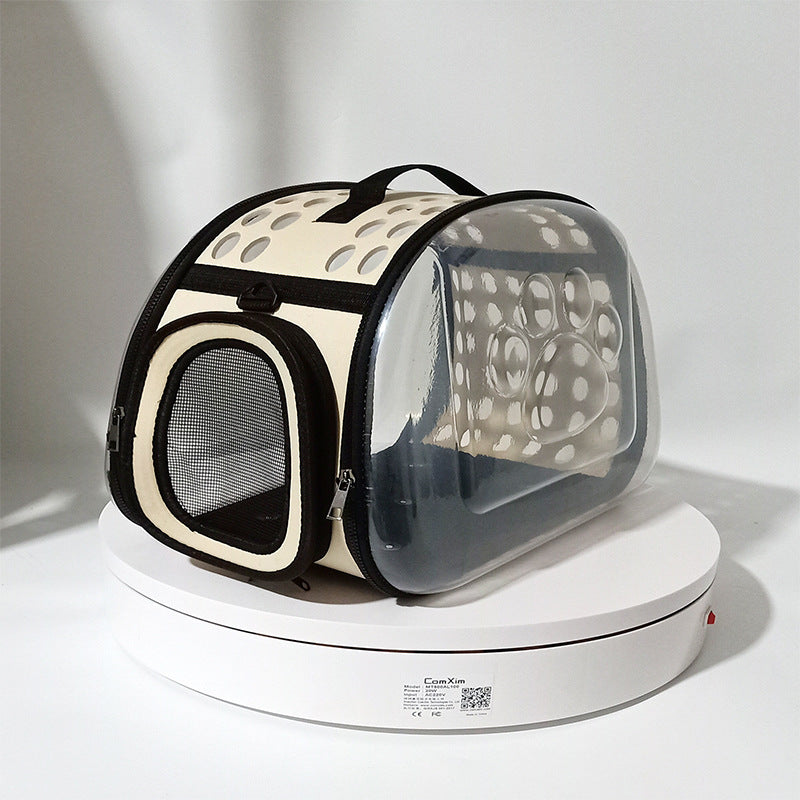 Beige Foldable Breathable Pet Carrier with Panoramic Window & Strap - EVA &  Lychee Leather Crossbody Travel Bag (S 35 x 20 x 22CM)