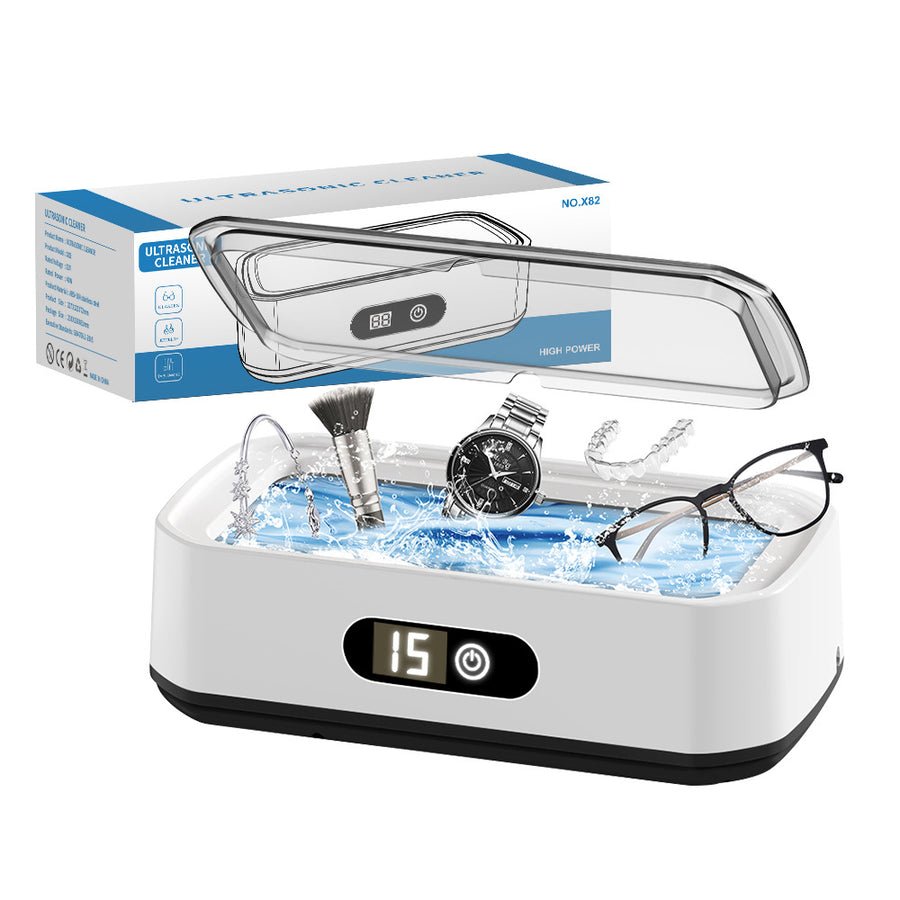 X82 White Ultrasonic Jewelry & Eyeglass Deep Cleaner with Cloth - LCD Digital Display & 5-Level Intelligent Timers and Large 650ml Stainless Steel Tank