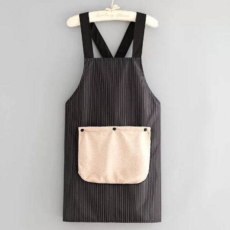 Black Waterproof & Oil-Proof Cross-Back Kitchen Apron with No-Tie Slip-On Design and Detachable Hand Towels
