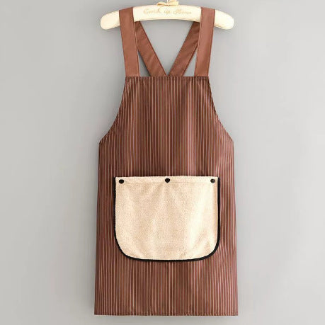 Brown Waterproof & Oil-Proof Cross-Back Kitchen Apron with No-Tie Slip-On Design and Detachable Hand Towels