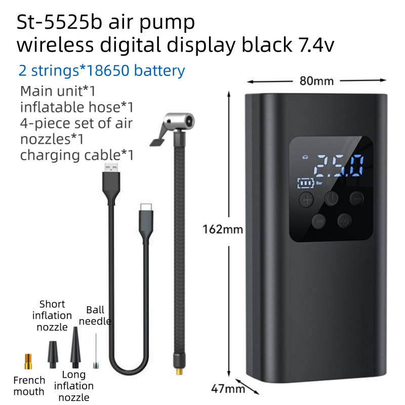 Wireless Rechargeable Tire Inflator with 4 Inflation Modes & 5 Inflatable Parts - Real-Time LCD Precision Gauge, Auto-Stop & Emergency LED Light(2-Cell)