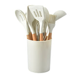 12-Piece White Heat-Resistant Silicone Cooking Utensils with Wooden Handles and Box - Non-Stick Scratch-Free Kitchen Tool Kit