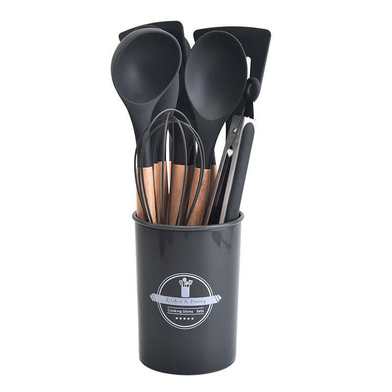 12-Piece Grey Heat-Resistant Silicone Cooking Utensils with Wooden Handles and Box - Non-Stick Scratch-Free Kitchen Tool Kit