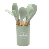 12-Piece Green Heat-Resistant Silicone Cooking Utensils with Wooden Handles and Box - Non-Stick Scratch-Free Kitchen Tool Kit