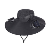 Black Dual Turbo Fan Sun Hat with Square Solar Panel & TypeC Interface - Waterproof 14cm Wide-Brim Cooling Hat for Outdoor Fishing Hiking Camping