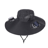 Black Dual Turbo Fan Sun Hat with Round Solar Panel & TypeC Interface - Waterproof 14cm Wide-Brim Cooling Hat for Outdoor Fishing Hiking Camping