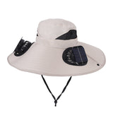 Khaki Dual Turbo Fan Sun Hat with Square Solar Panel & TypeC Interface - Waterproof 14cm Wide-Brim Cooling Hat for Outdoor Fishing Hiking Camping