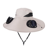 Khaki Dual Turbo Fan Sun Hat with Round Solar Panel & TypeC Interface - Waterproof 14cm Wide-Brim Cooling Hat for Outdoor Fishing Hiking Camping