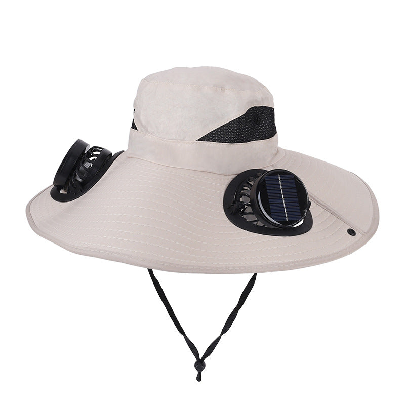 Khaki Dual Turbo Fan Sun Hat with Round Solar Panel & TypeC Interface - Waterproof 14cm Wide-Brim Cooling Hat for Outdoor Fishing Hiking Camping