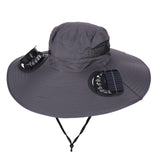 Dark Grey Dual Turbo Fan Sun Hat with Square Solar Panel & TypeC Interface - Waterproof 14cm Wide-Brim Cooling Hat for Outdoor Fishing Hiking Camping