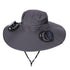 Dark Grey Dual Turbo Fan Sun Hat with Round Solar Panel & TypeC Interface - Waterproof 14cm Wide-Brim Cooling Hat for Outdoor Fishing Hiking Camping
